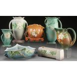 A SIX PIECE GROUP OF ROSEVILLE ART POTTERY, 20TH CENTURY. Various patterns and shapes including