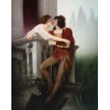 A LARGE AND FINE KPM WAGNER SIGNED HAND PAINTED PORCELAIN PLAQUE, 19TH CENTURY, “ROMEO AND JULIET”.