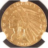 A 1909-O $5 INDIAN GOLD HALF EAGLE. NGC AU58. IMPORTANT NOTICE: Sadly, due to the widespread