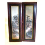 A Pair of Japanese Oil Paintings on Panel within lacquered framed