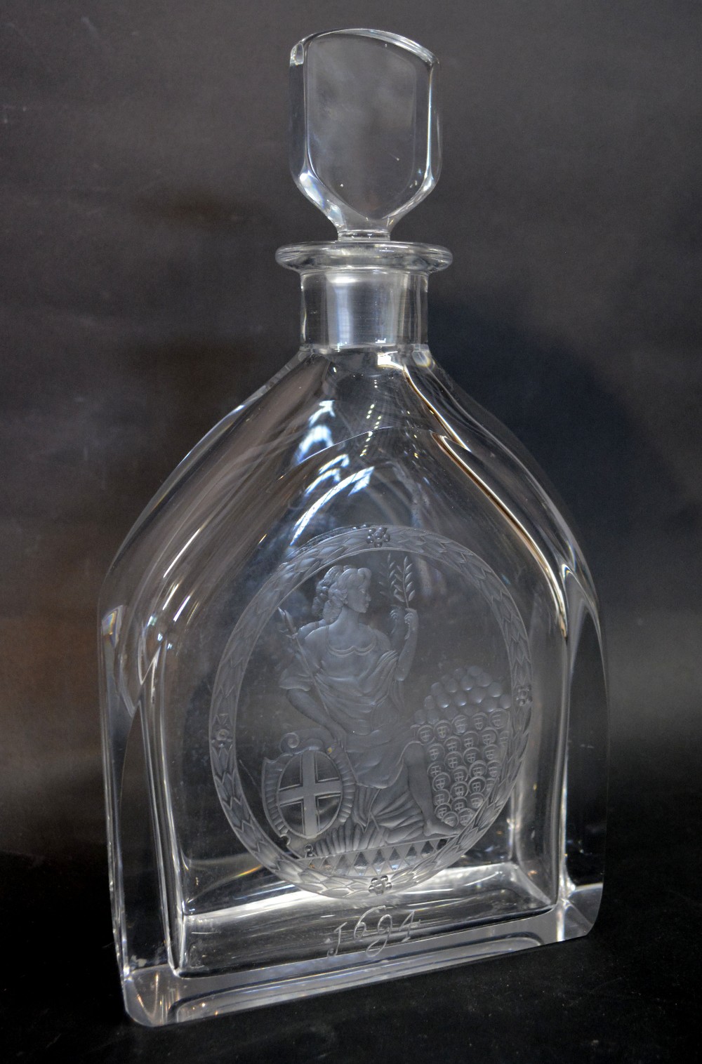 An Orrefors Heavy Glass Decanter etched with Britannia