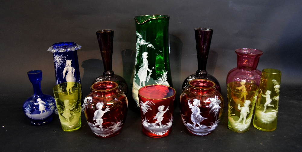 A Collection of Mary Gregory Coloured Glass Ware, to include a large jug,