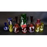 A Collection of Mary Gregory Coloured Glass Ware, to include a large jug,