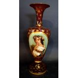 A 19th Century Bohemian Ruby Overlay Glass Vase of Oviform, hand painted with two reserves,