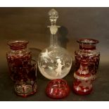 A Mary Gregory Clear Glass Decanter together with five items of red flash glass