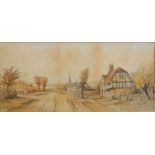 Arthur Lumley TIMBER FRAMED COTTAGE WITH CHURCH IN THE DISTANCE Watercolour, signed,