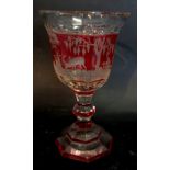 A 19th Century Bohemian Etched Glass Goblet depicting stags within a continuous landscape, 18.