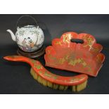 An Oriental Red Lacquered Crumb Scoop with Brush,