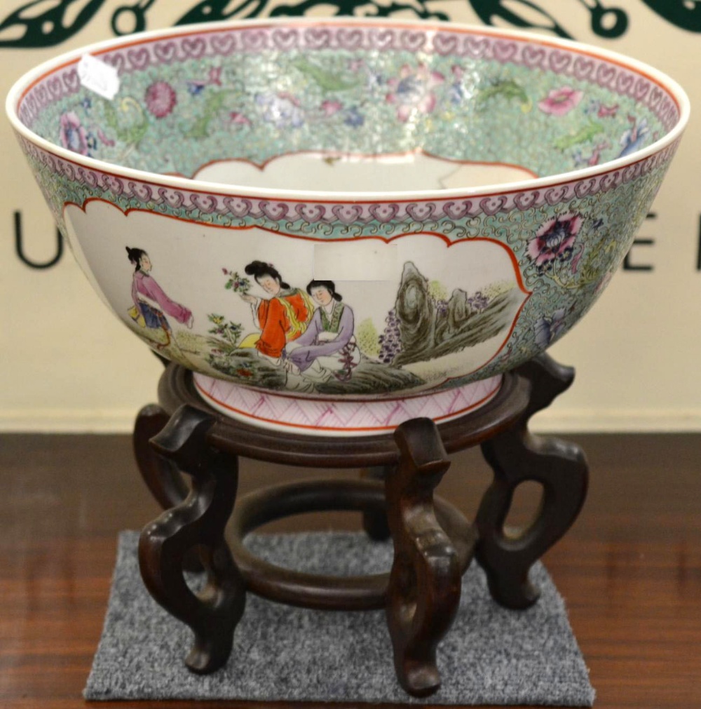 A 19th Century Chinese Large Famille Rose Bowl decorated in coloured enamels with reserves - Image 3 of 4