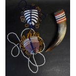 An African Beadwork Horn, together with two similar necklaces,