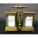 A Brass Cased Miniature Carriage Clock Barometer with enamel dials and carrying handle