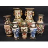 A Pair of Chinese Canton Baluster Form Vases together with a pair of crackle glaze vases and three