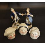 A Pair of Continental Figurines of a Lady and Gentleman in Period Costume together with three small