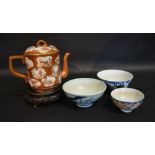 A Chinese Underglaze Blue Decorated Bowl together with two other similar and a Kutani teapot with