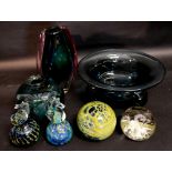 An Art Glass Opaque Bowl together with two similar vases and four glass paperweights