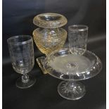 A Large Cut Glass Pedestal Vase together with a pair of celery vases and a glass tazza