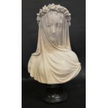 A Marble Bust 'The Veiled Bride' with ebonised socle,