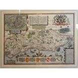 An Early Coloured Map of Sussex to include a city plan of Chichester dated 1610,