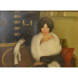 20th Century English School PORTRAIT OF A LADY WITH FUR COLLAR SEATED WITHIN AN INTERIOR Oil on