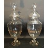 A Pair of Large Cut Glass Oviform Covered Vases,