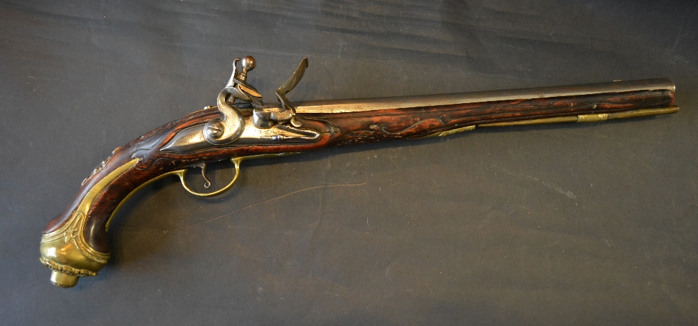 A Balkins Style Flintlock Pistol, 14" polished iron barrel,