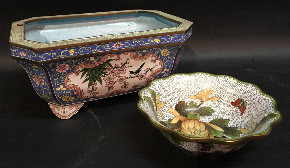 A Chinese Cloisonne Jardiniere of Rectangular Form decorated with birds amongst foliage together