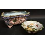 A Chinese Cloisonne Jardiniere of Rectangular Form decorated with birds amongst foliage together