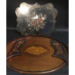 An Edwardian Mahogany Shell Inlaid Oval Galleried Tray with brass end handles together with a