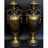 A Pair of Late 19th Early 20th Century Patinated Bronze Two Handled Candlesticks of Oviform,