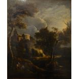 18th Century Italian School MOONLIT LANDSCAPE WITH FIGURE ON HORSEBACK AND FIGURES UPON A TRACK