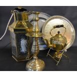 A Brass Carriage Lamp together with a large pewter dish, a silver plated tray,