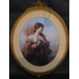 A Large Oval Over Painted Print within a gilded frame,