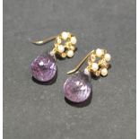 A Pair of Yellow Gold Amethyst and Diamond Drop Earrings, approximately 0.40 / 10.50 ct.