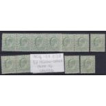 Great Britain - 1904/10  «d Yellow Green x 13, singles pairs and strips on card.  All look U.M.