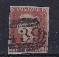 Great Britain - 1841  1d Red-Brown.  SG8, Plate 91 (NJ) - 4 Margin.  Fine used.  '439' Launceston,