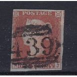 Great Britain - 1841  1d Red-Brown.  SG8, Plate 91 (NJ) - 4 Margin.  Fine used.  '439' Launceston,
