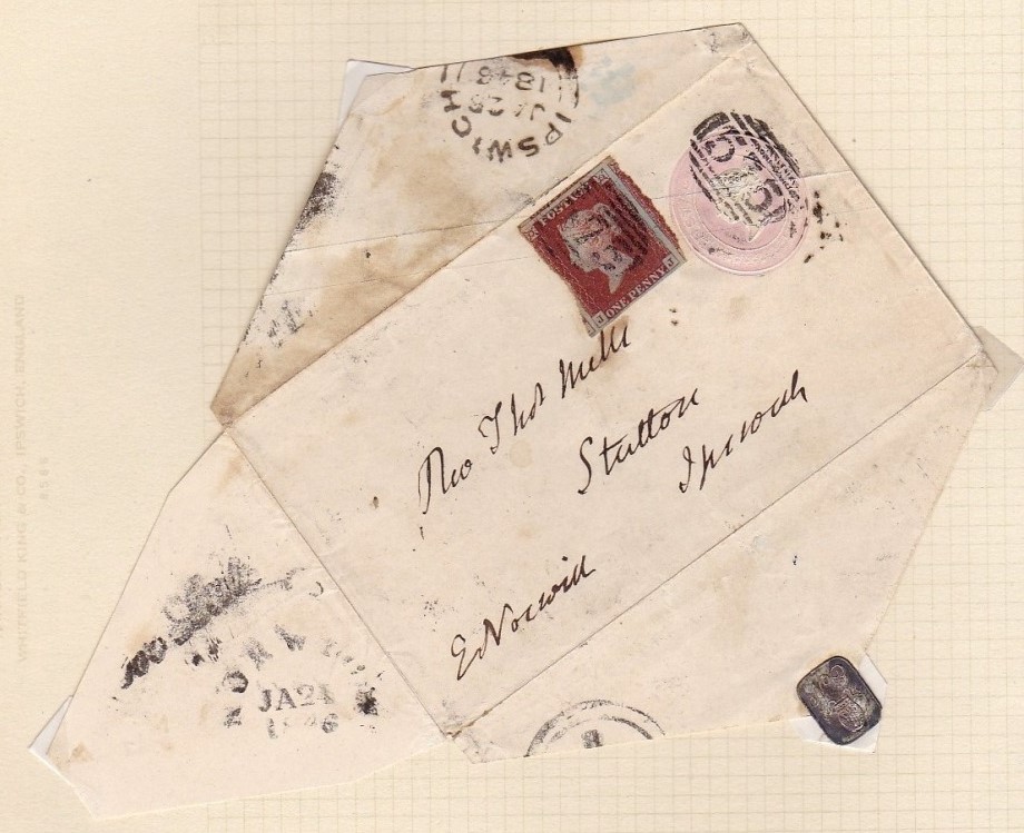 Norfolk - 1846 Pink P.S.E. Cover  Ex Norwich to Sutton, Ipswich with double ring Norwich receiver (