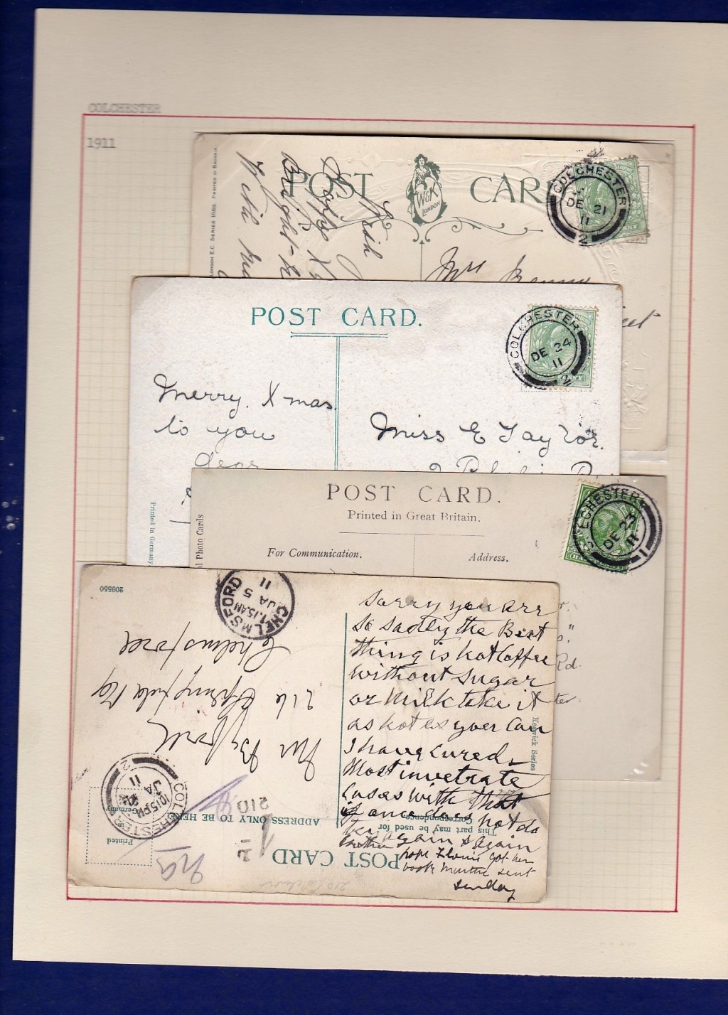 Essex - 1911 Postcards  From Colchester with double ring cancels (Code 1 0r 2); one has Colchester