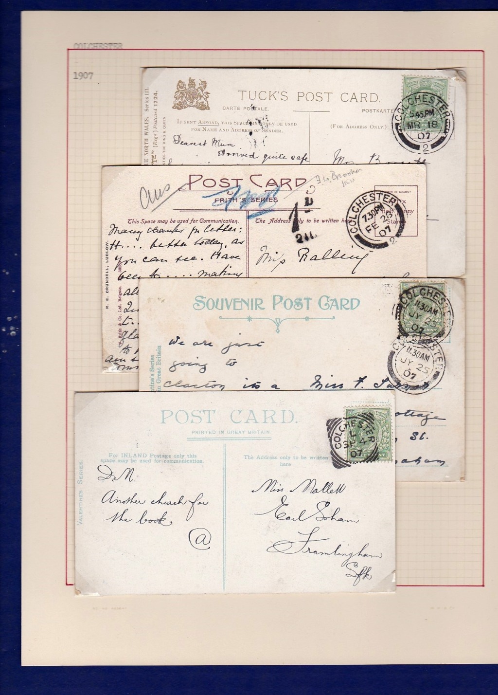 Essex - 1907 Postcards  Colchester double ring cancels on P/Cs to Wells (Norfolk) and Ipswich and