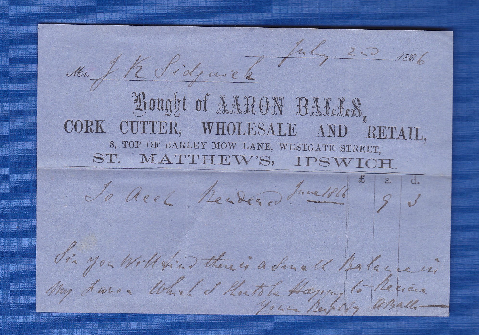 Suffolk 1866 Letter-headed Invoice  'Bought of Arron Bros.'; Cork Cutter, St. Matthew's, 8 Top of