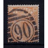 Great Britain 1876 8d orange, plate 1, SG 156, used numeral '90', scarce, Cat œ300