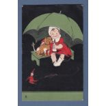 Artist - Tuck "Art" Series No. 6792, Boy and dog under umbrella with doll to left foreground. Used