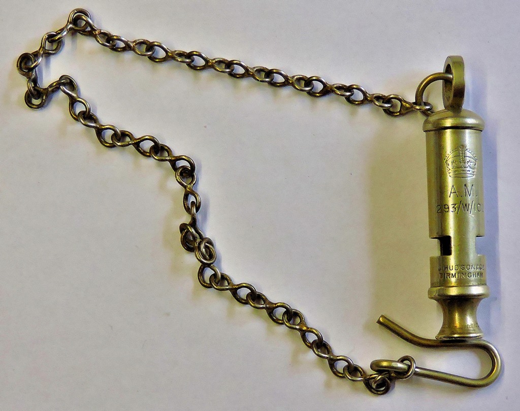 R.A.F. Police or Air Ministry Constabulary white metal whistle and chain. A police style whistle