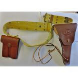 American WWII Colt 1911 Holster with magazine case and webbing belt. (Reproduction gear)