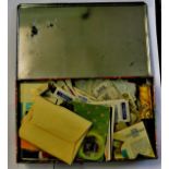 Mixed Crawfords Shortbread tin with quantity of Cigarette Cards, Trade Cards and a few Postcards.