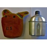 American WWII Reproduction Water Canteen with cup and webbing attachment carrier.