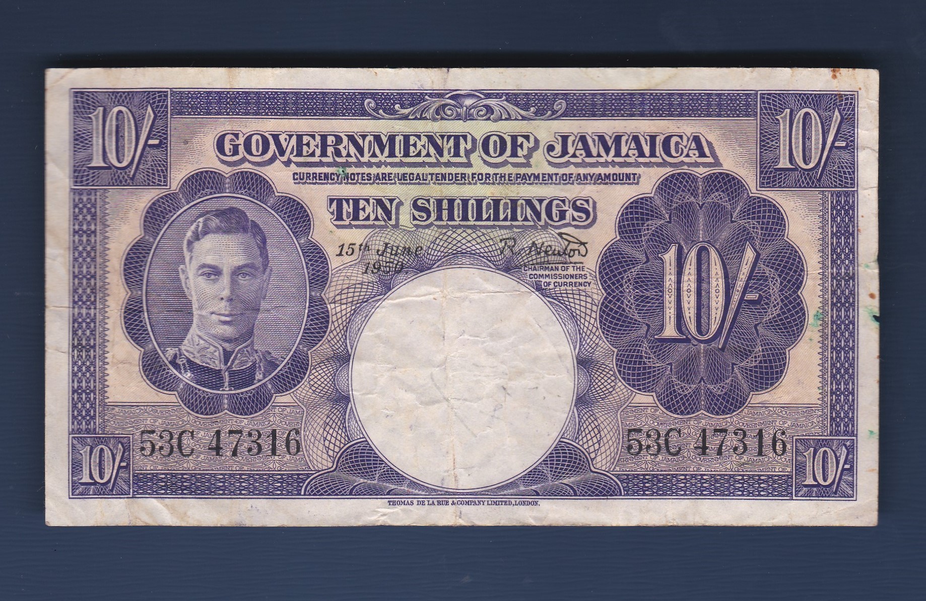 Jamaica 1950 10/- Purple King George VI at left - Pick 39, Grade VF+.