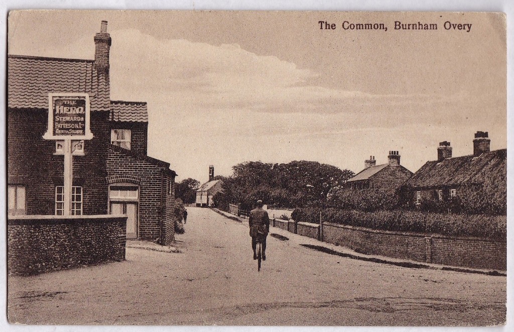 Burnham Overy - The common, The Hero Inn, cyclists m/s dated back 1948.