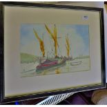 Painting -water colour, a framed and mounted water colour painting of old barges moored on a tidal