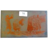 A vintage etched copper printing plate depicting a 17th C Military marching band, good condition.
